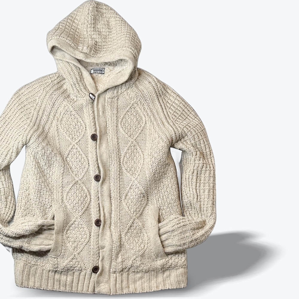 Sherpa Lined Chunky Cable Knit Hooded Cardigan Oatmeal Sweater Cottagecore Med‎